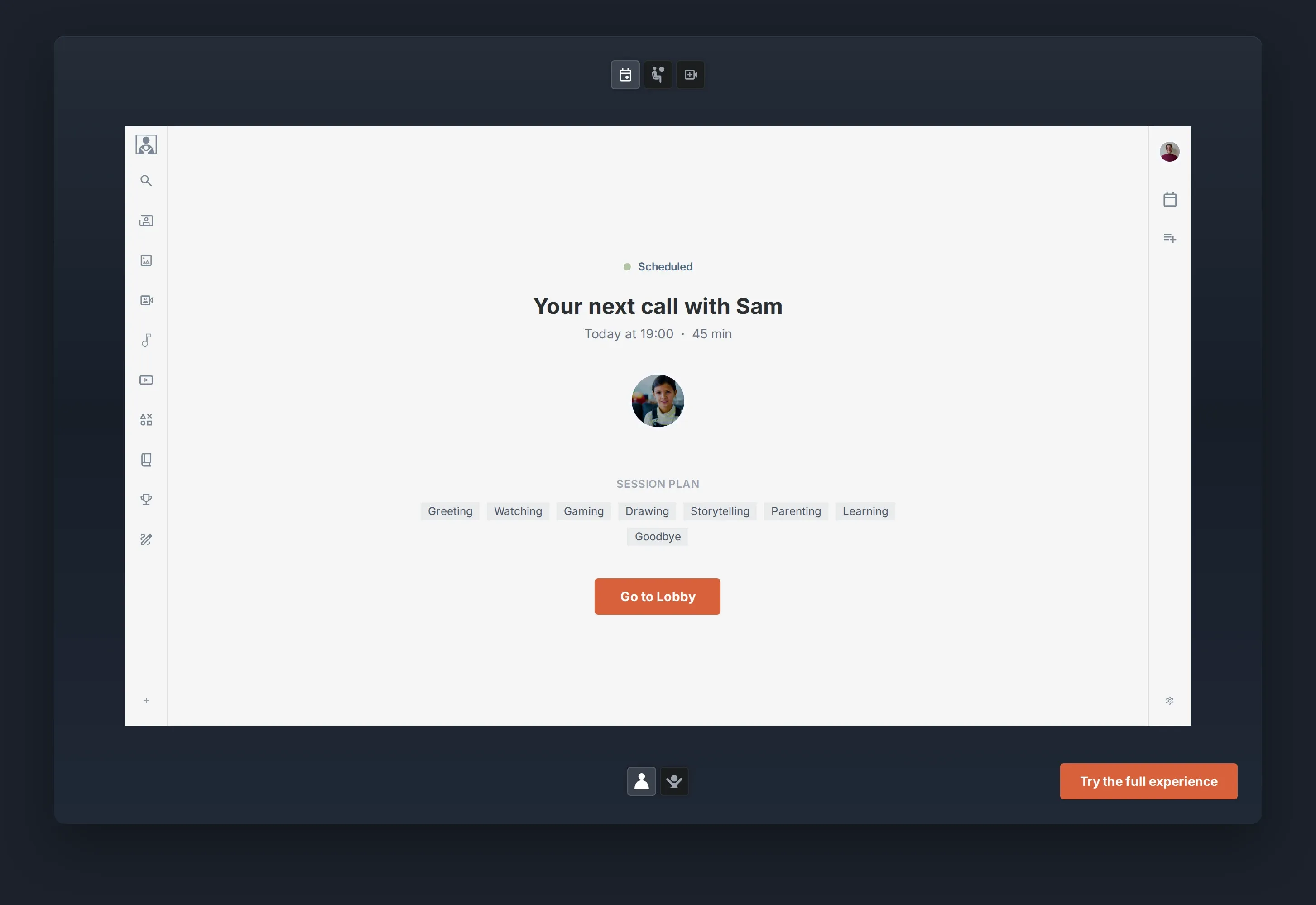 The simulator’s Appointment screen: your next call with Sam, today at 19:00, with a session plan of Greeting, Watching, Gaming, Drawing, Storytelling, Parenting, Learning and Goodbye.