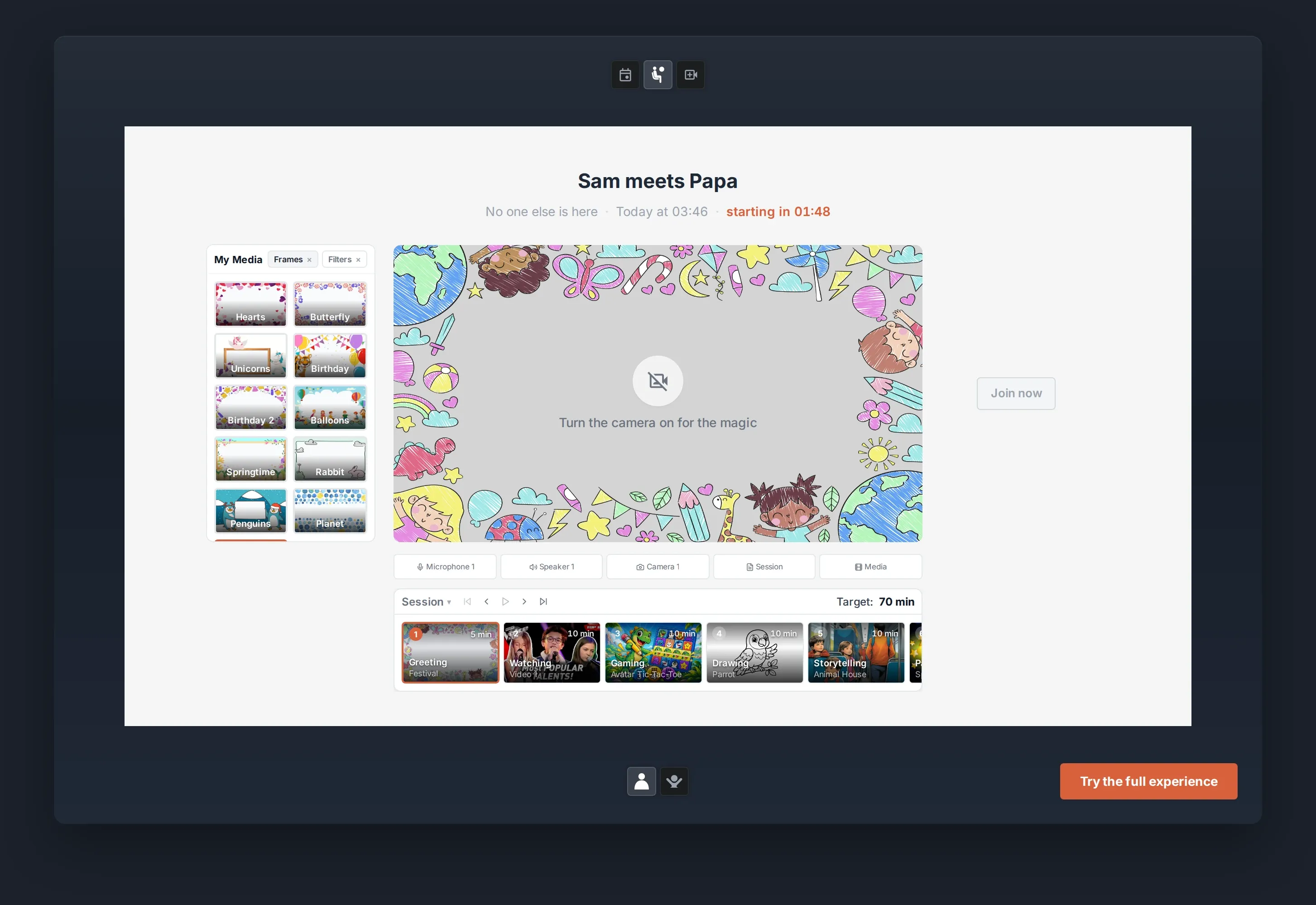 The simulator’s Lobby: frames to choose from, the camera preview, microphone, speaker and camera settings, the session timeline and a Join now button.