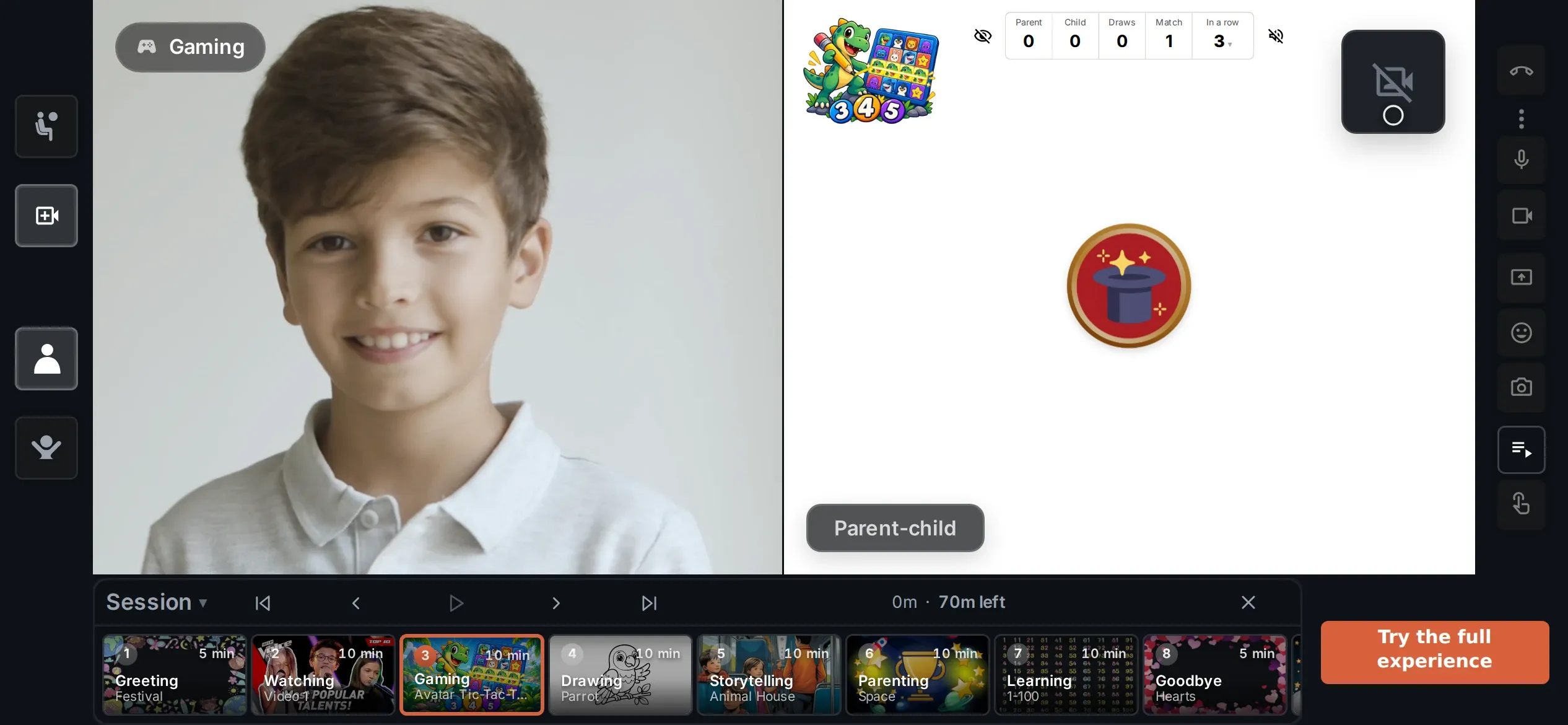 The phone simulator’s In-call screen, in landscape: the child on one side and a Gaming activity on the other, with the session timeline below.